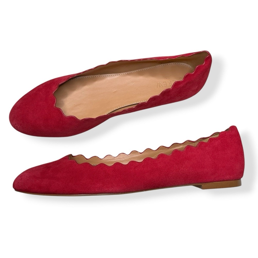 J Crew Flats Women Size 10.5 Red Suede Leather Scalloped Slip On Shoes